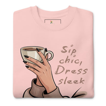 Pink sweatshirt with a hand holding a coffee cup and text 'Sip, chic, Dress, sleek' on a white background