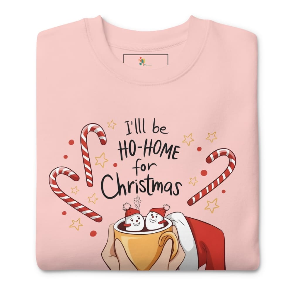 Pink sweatshirt with Christmas design featuring candy canes, snowmen, and text on a white background