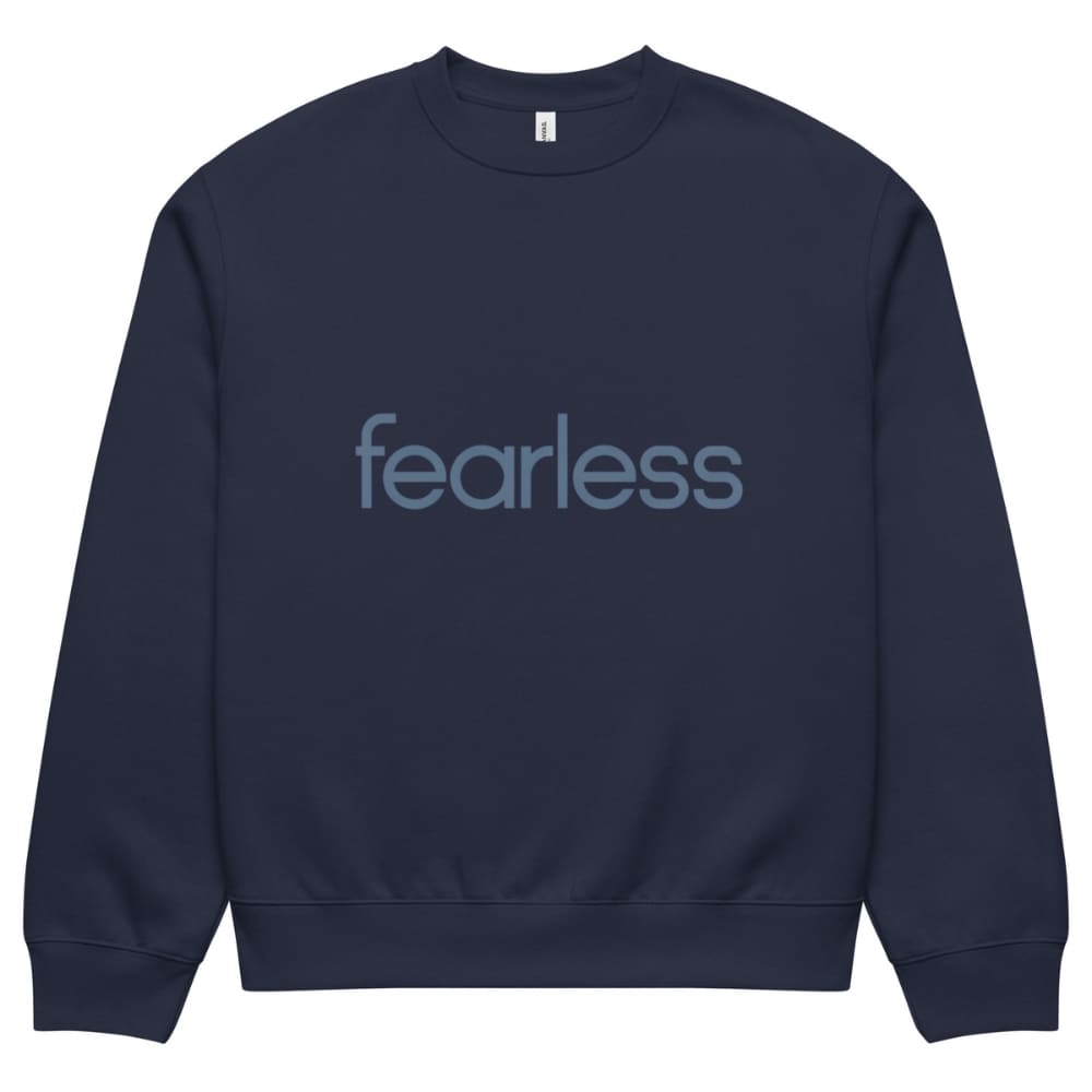 Navy blue sweatshirt with 'fearless' text on a white background