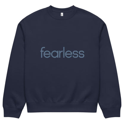 Navy blue sweatshirt with 'fearless' text on a white background