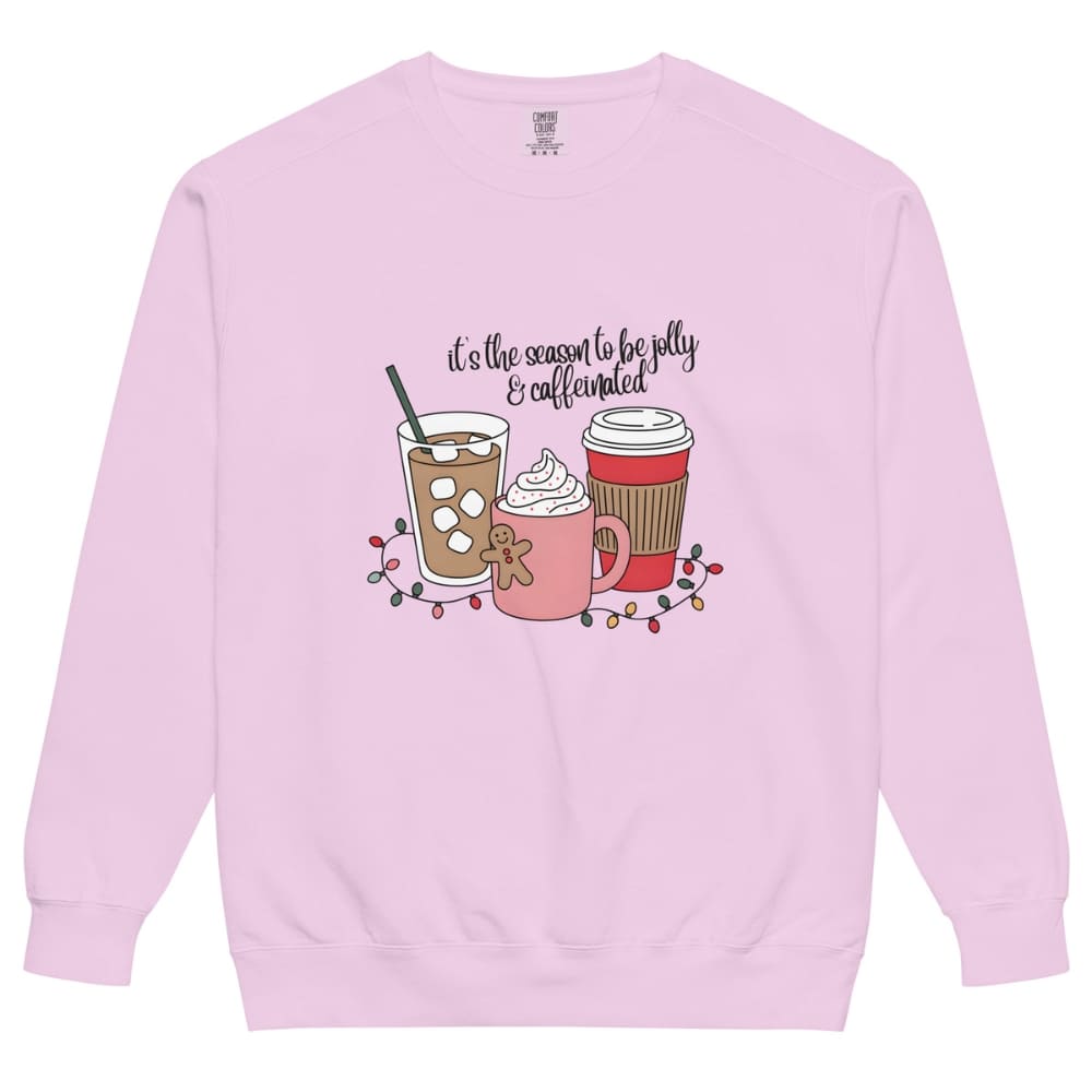 Pink sweatshirt with coffee-themed design and text on a white background