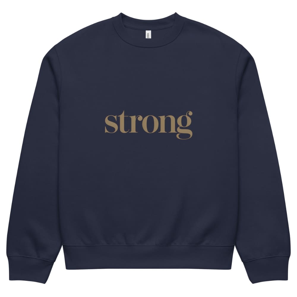 Navy blue sweatshirt with 'strong' text in gold on a white background