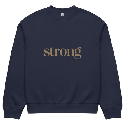Navy blue sweatshirt with 'strong' text in gold on a white background