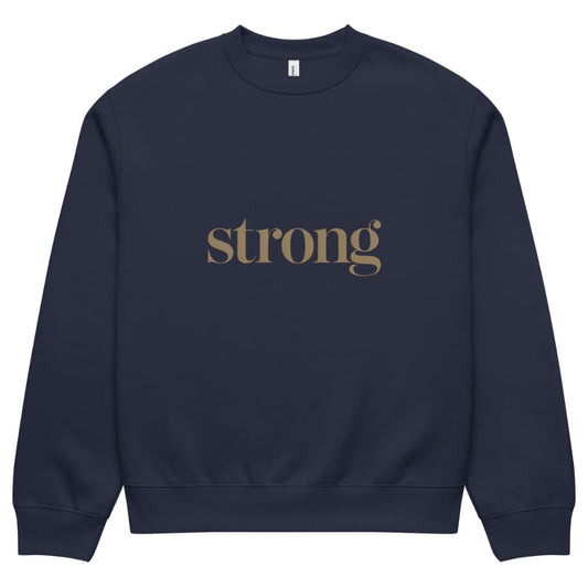 Navy blue sweatshirt with 'strong' text in gold on a white background