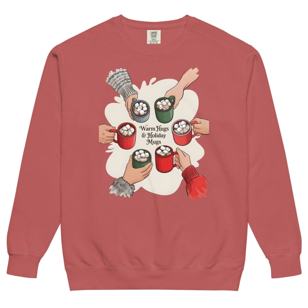 Red sweatshirt with graphic of hands holding mugs and marshmallows on a white background