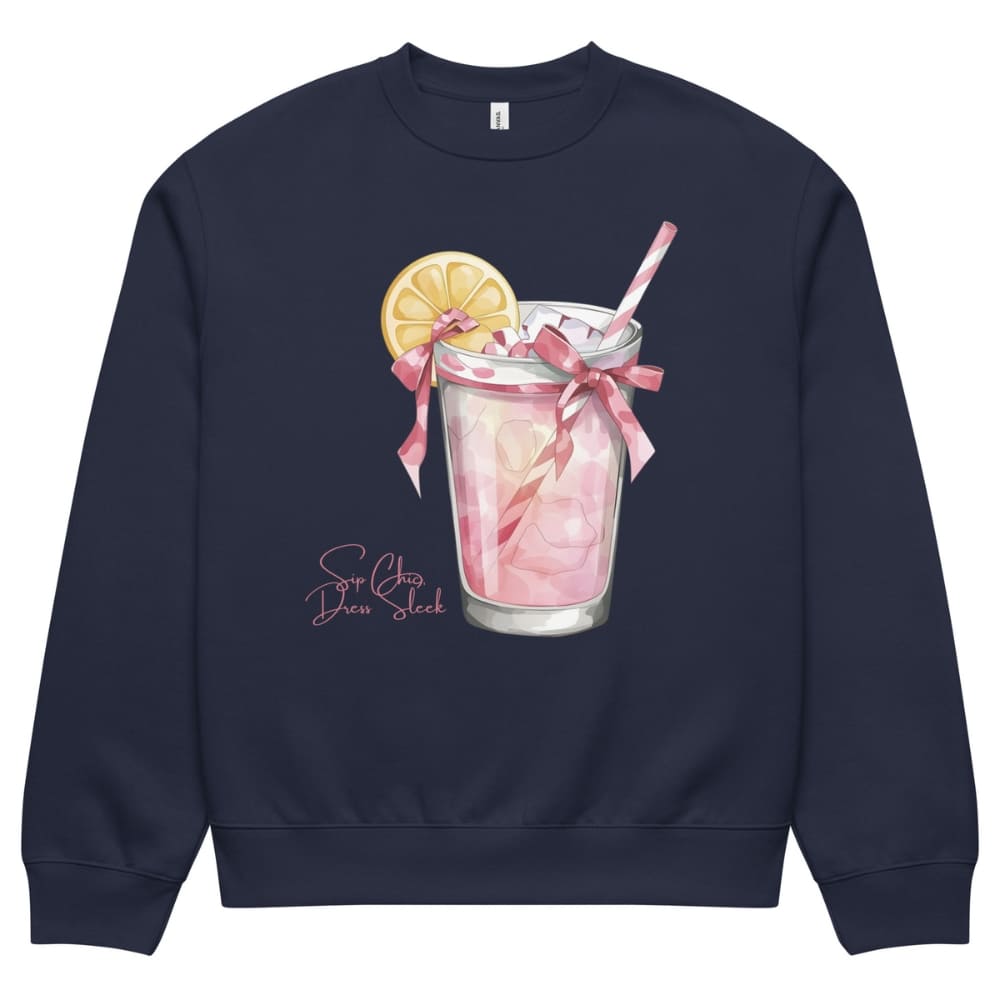 Navy blue sweatshirt with a pink drink design featuring a lemon slice and straw on a white background.