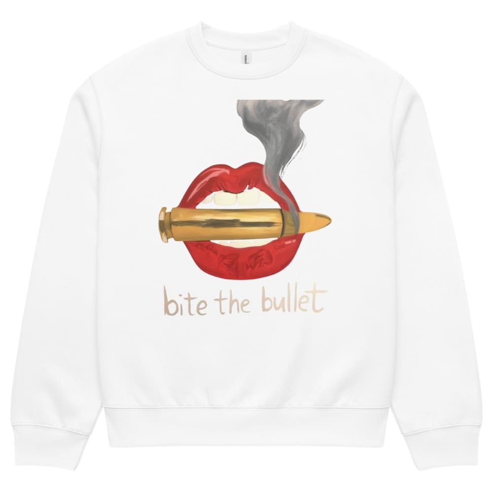 White sweatshirt with a graphic of red lips holding a bullet and the text 'bite the bullet' on a white background.