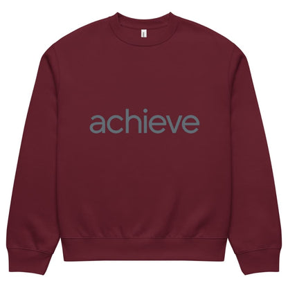 Maroon sweatshirt with 'achieve' text on a white background