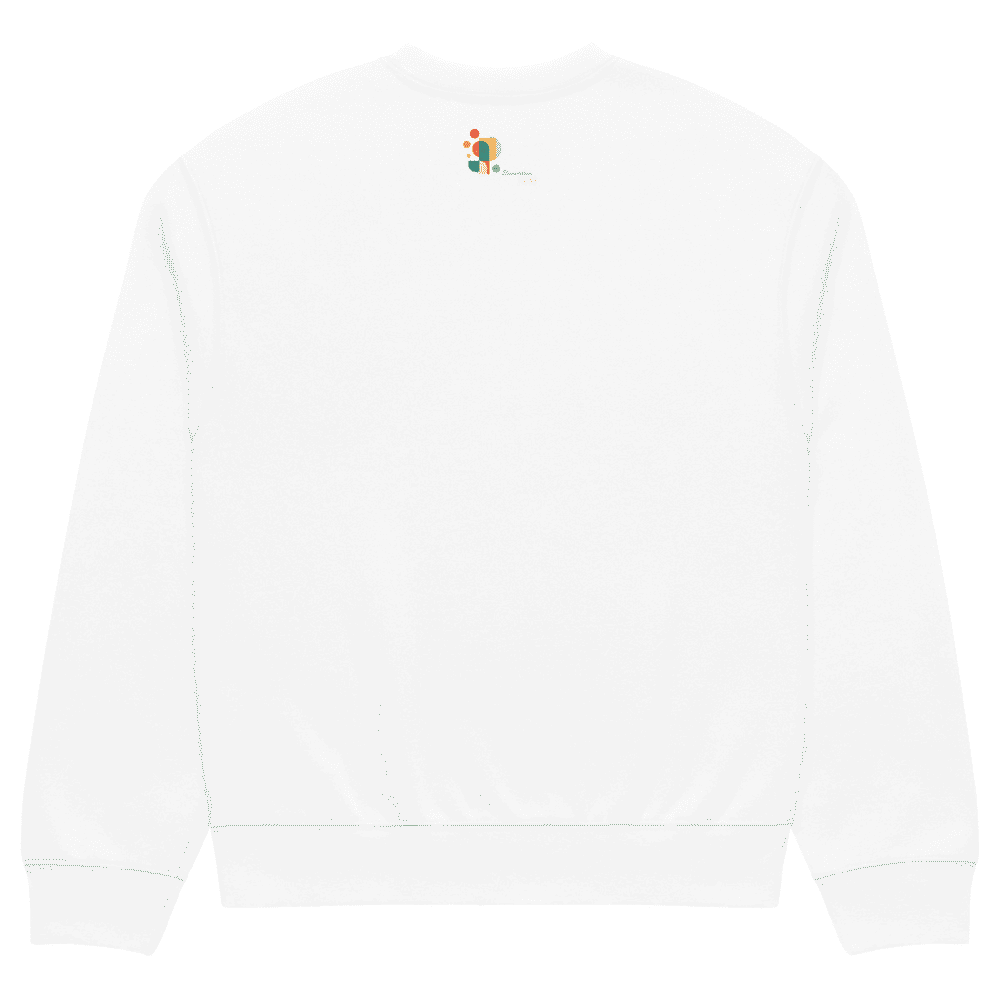 White sweatshirt with a small embroidered logo on a white background