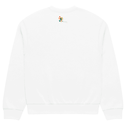 White sweatshirt with a small embroidered logo on a white background