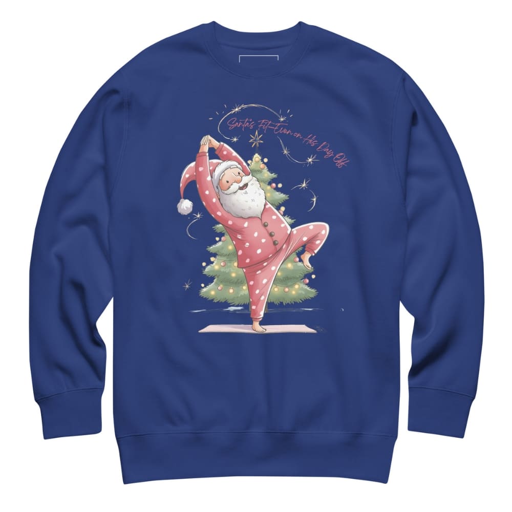 Blue sweatshirt with a Christmas-themed design of Santa Claus doing yoga.