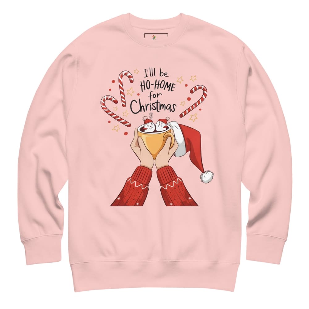 Pink sweatshirt with Christmas design featuring candy canes and a Santa hat on a white background