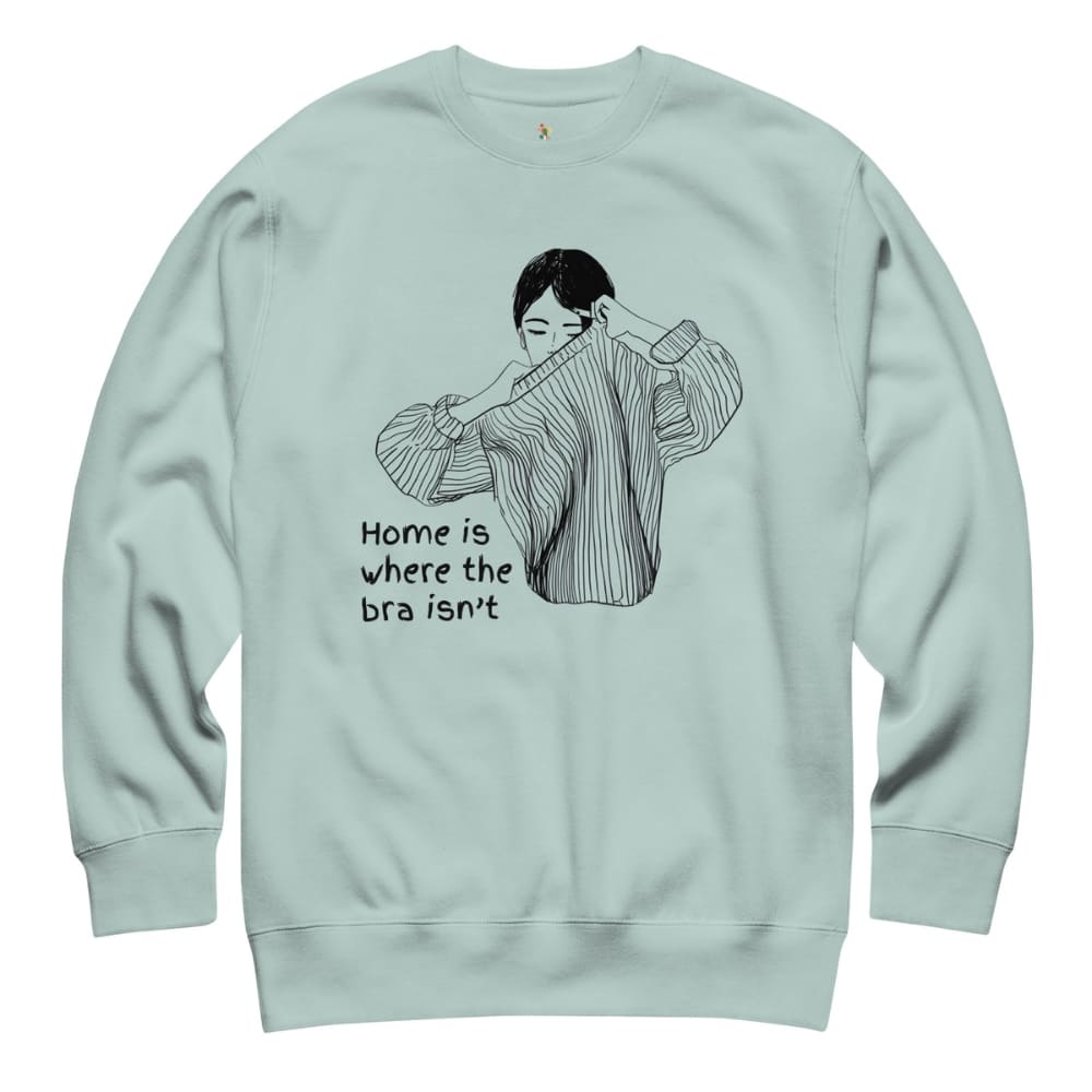 Light blue sweatshirt with a graphic and text on a white background