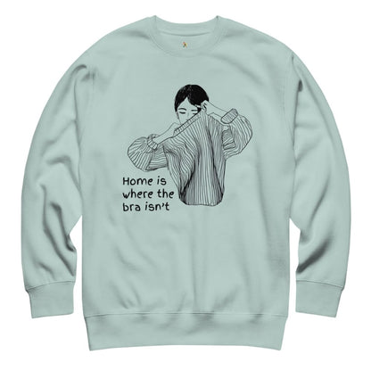 Light blue sweatshirt with a graphic and text on a white background