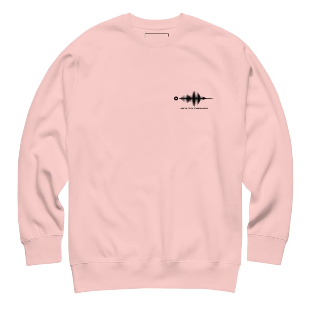 Pink sweatshirt with a black graphic on the chest against a white background