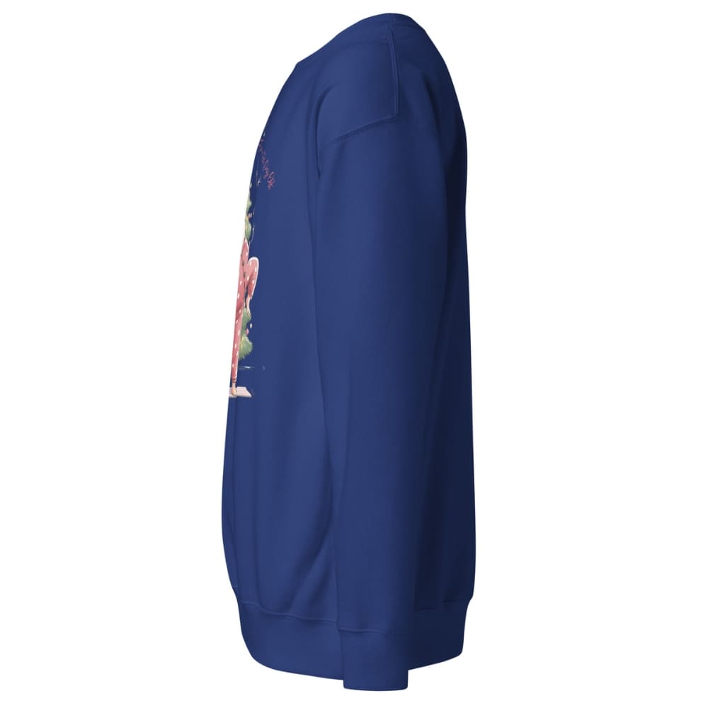 Blue sweatshirt with colorful graphic on sleeve against a white background