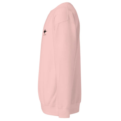 Pink sweatshirt with a small black logo on a white background