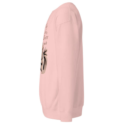 Pink sweatshirt with a graphic design on the sleeve against a white background