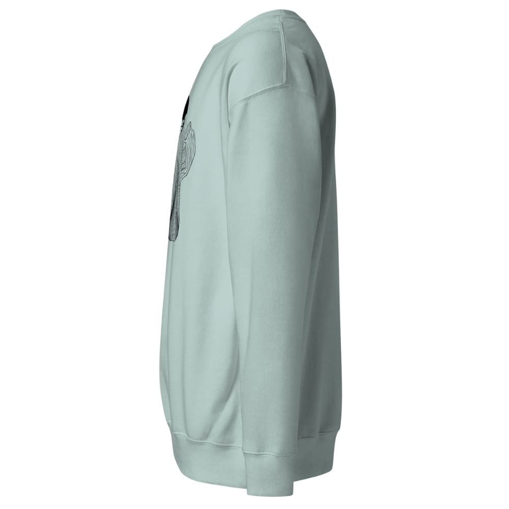Light blue sweatshirt with a logo on the sleeve against a white background