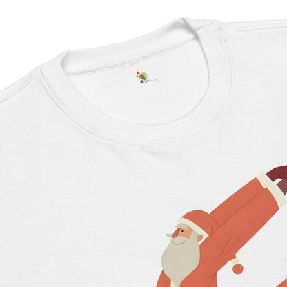 White t-shirt with a cartoon Santa Claus design on a white background