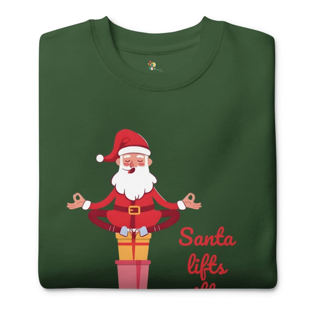 Green t-shirt with a cartoon Santa Claus meditating on a present, text 'Santa lifts' below.