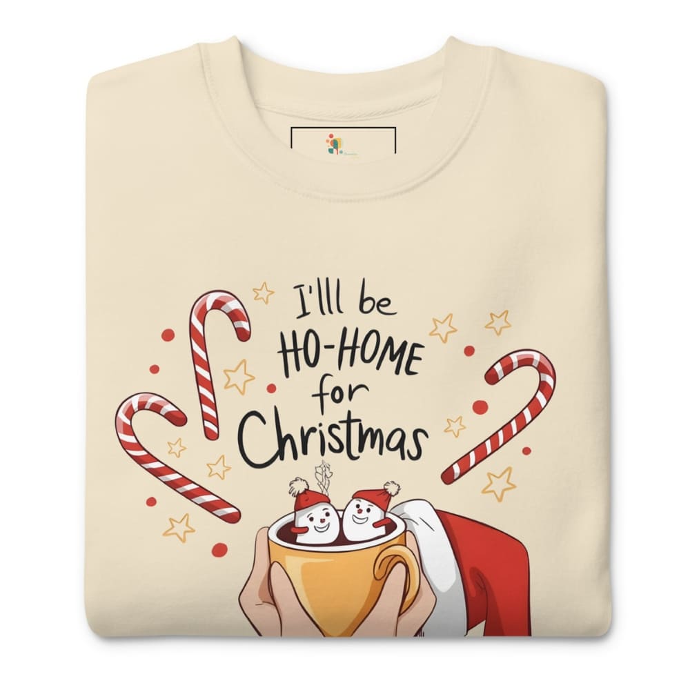 Beige sweatshirt with Christmas-themed design featuring candy canes, stars, and cartoon characters.