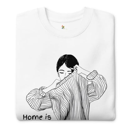 White sweatshirt with black and white illustration of a person wearing a striped shirt and 'Home is' text.