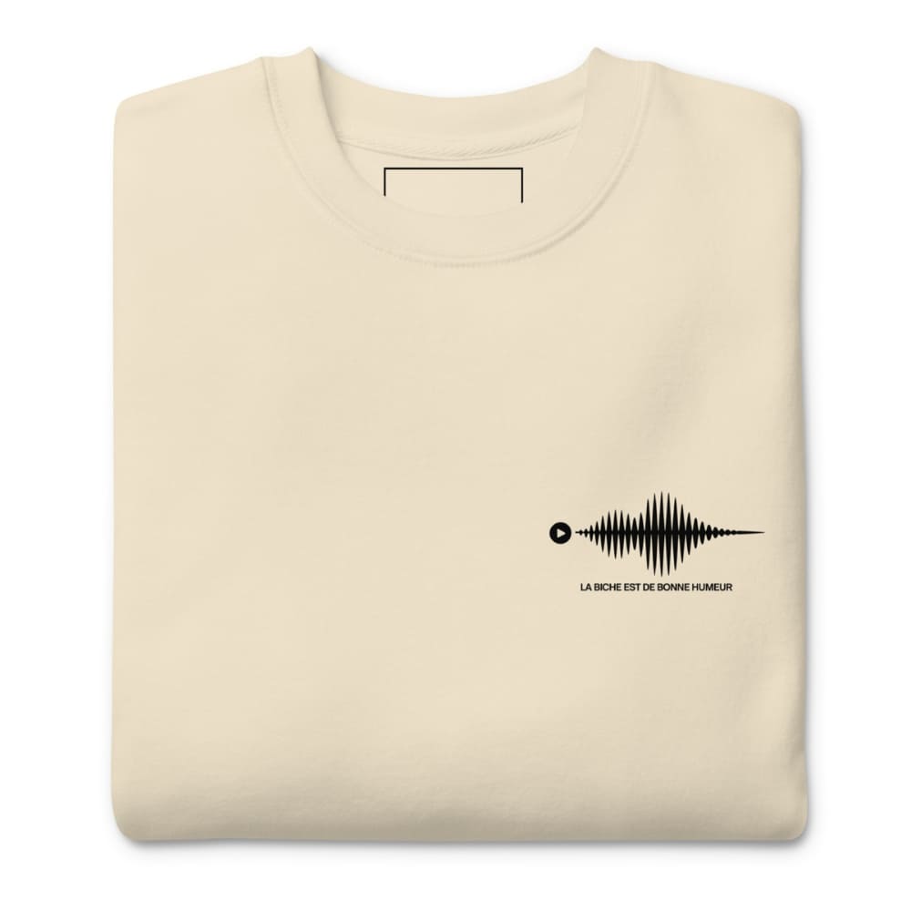 Beige sweatshirt with a black graphic design on a white background