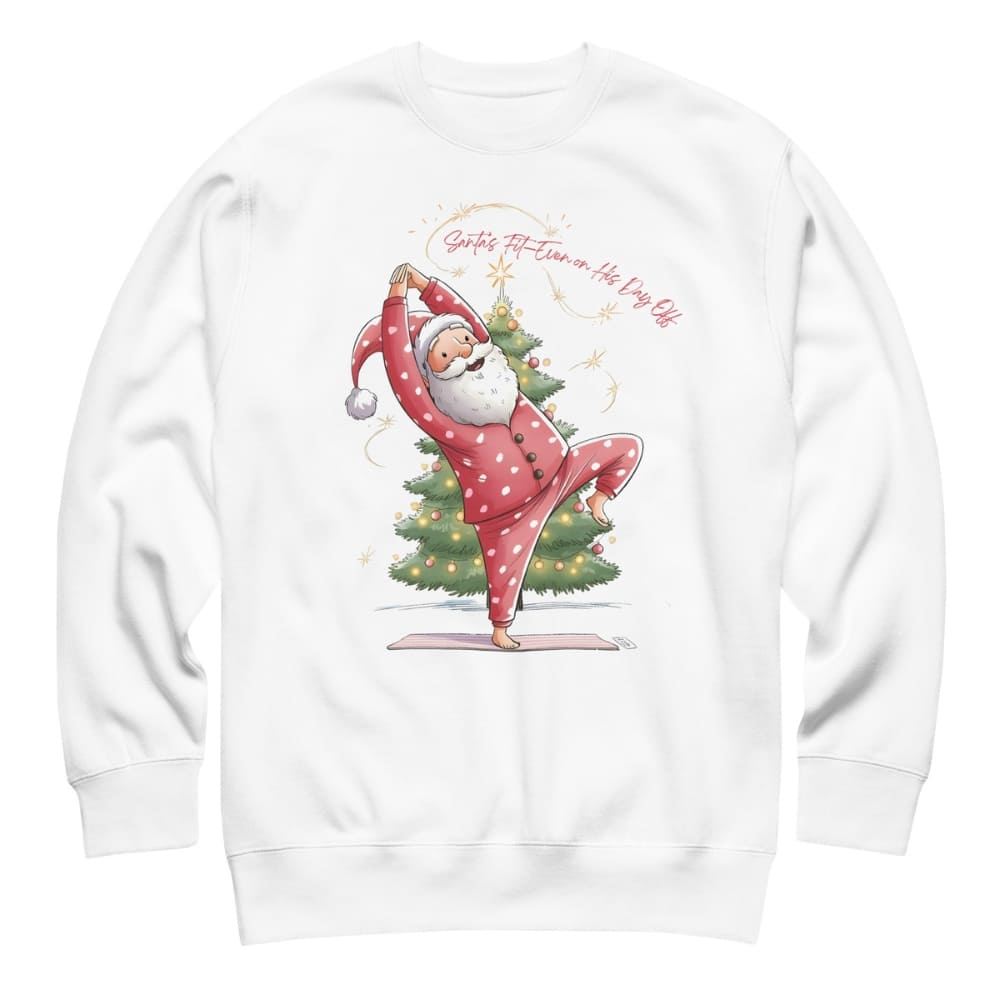 White sweatshirt with a Christmas-themed design of Santa Claus doing yoga next to a tree on a white background.
