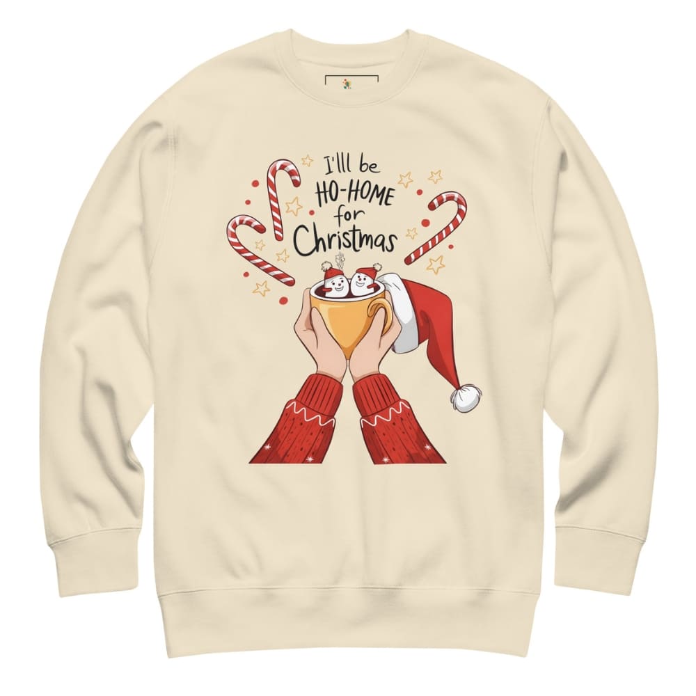 Beige sweatshirt with Christmas-themed design featuring hands holding a mug and candy canes.