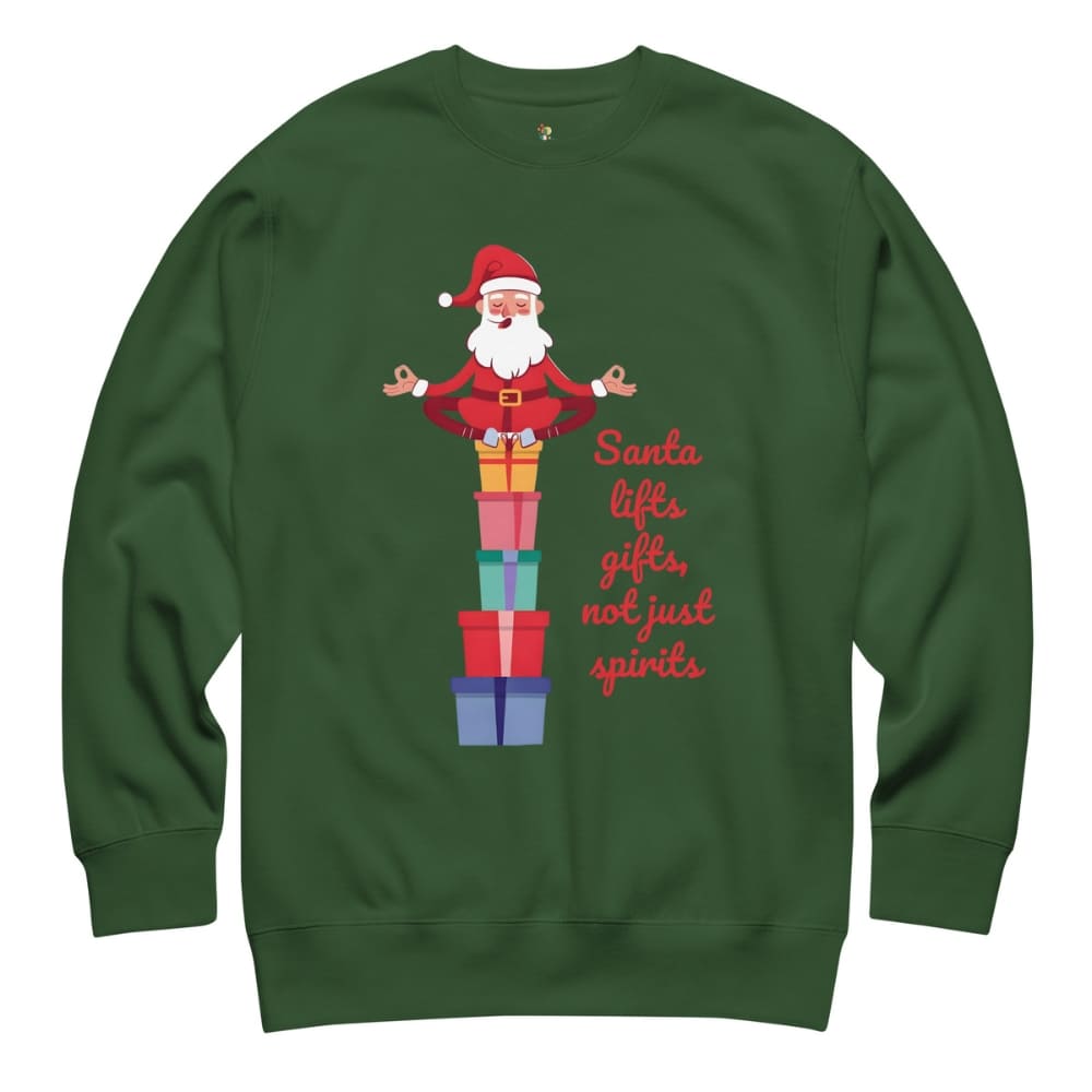 Green sweatshirt with Santa Claus design and text on a white background