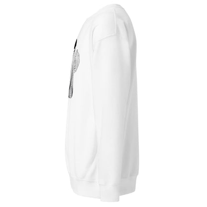 White sweatshirt with a logo on the sleeve against a white background