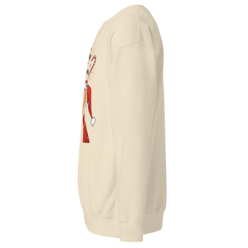 Beige hoodie with a graphic design on the sleeve against a white background