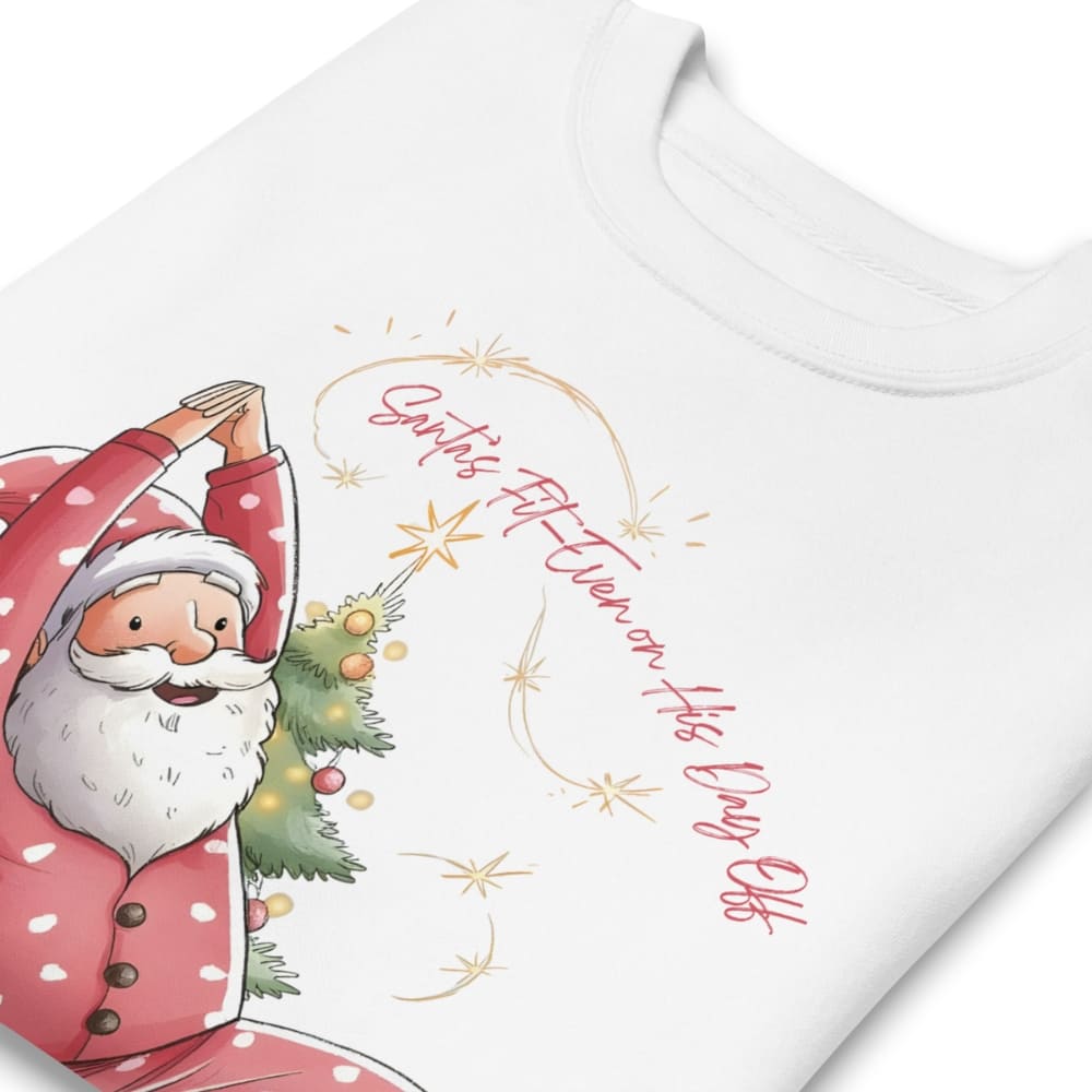 White t-shirt with a festive design featuring Santa Claus and text on a white background