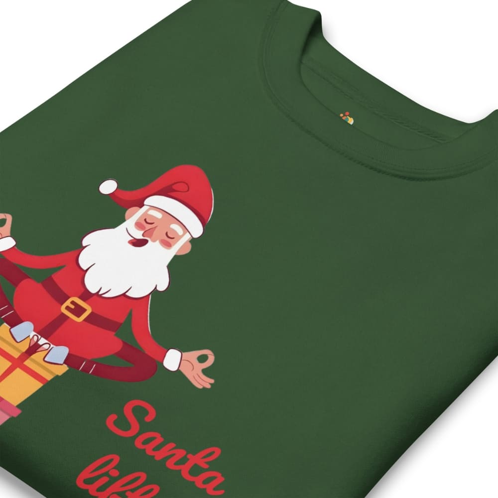 Green t-shirt with a cartoon Santa Claus design and 'Santa Claws' text on a white background