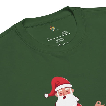 Green t-shirt with a cartoon Santa Claus design on a white background