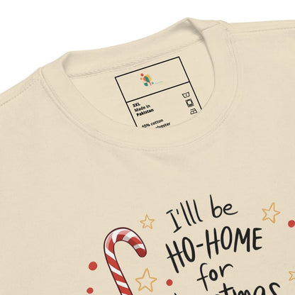 Beige sweatshirt with candy cane design and text 'I'll be ho-home for Christmas' on a white background.
