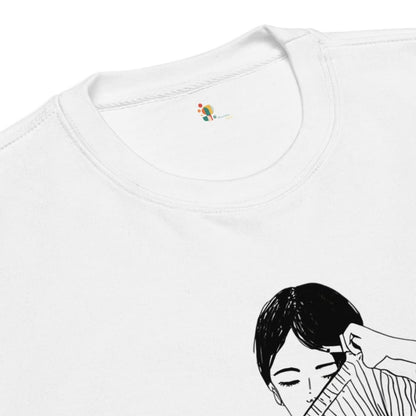 White t-shirt with black and white illustration of a woman on the collarbone area.