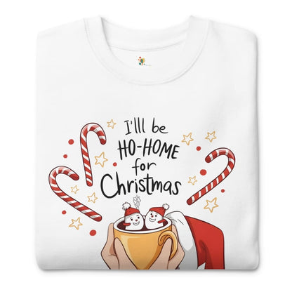 White sweatshirt with Christmas-themed design featuring candy canes, a mug, and text on a white background.