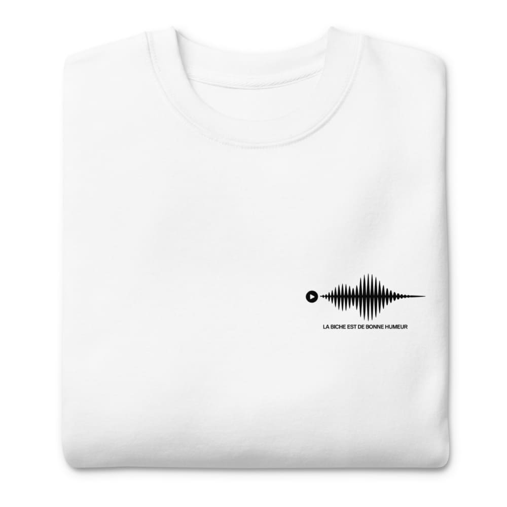 White t-shirt with a black sound wave design and text on a white background