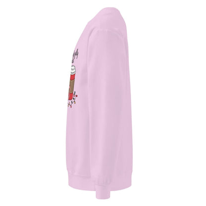 Light purple sweatshirt with a cartoon character on the sleeve against a white background