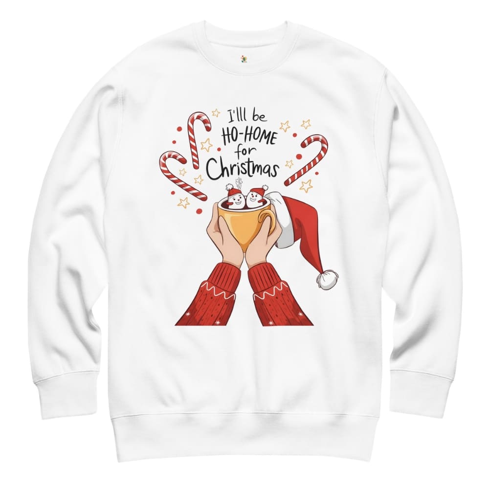 White sweatshirt with Christmas-themed design featuring candy canes, a Santa hat, and text on a white background.