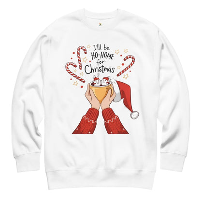 White sweatshirt with Christmas-themed design featuring candy canes, a Santa hat, and text on a white background.