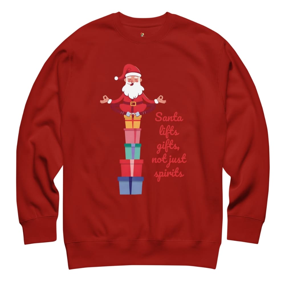 Red sweatshirt with Santa Claus design and text on a white background