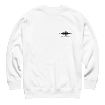 White sweatshirt with a black graphic on the chest against a white background