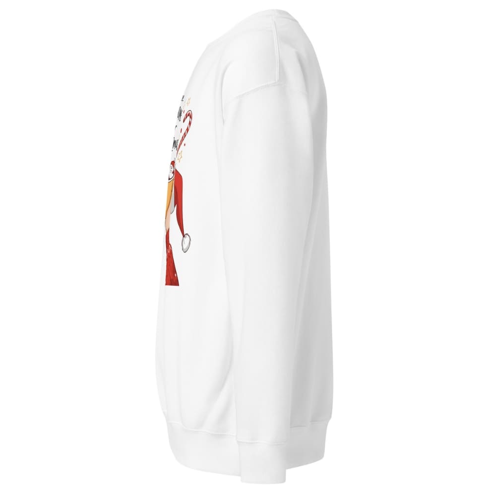 White sweatshirt with a colorful graphic on the chest against a white background