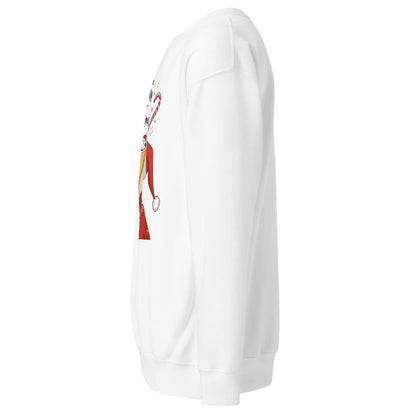 White sweatshirt with a colorful graphic on the chest against a white background