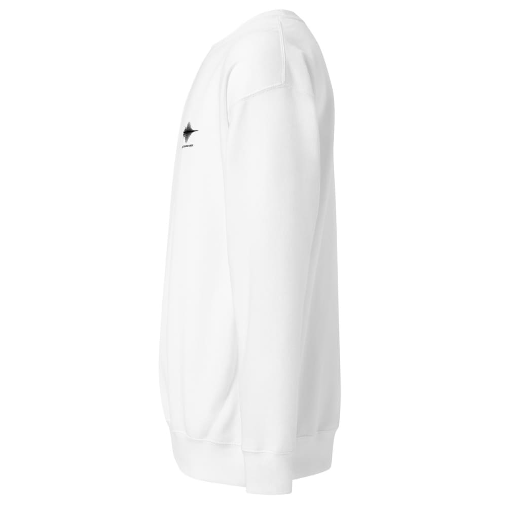 White sweatshirt with a small black logo on a white background