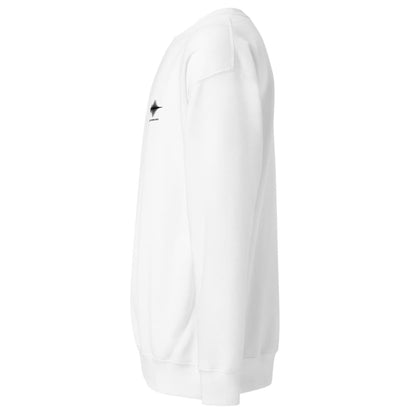 White sweatshirt with a small black logo on a white background