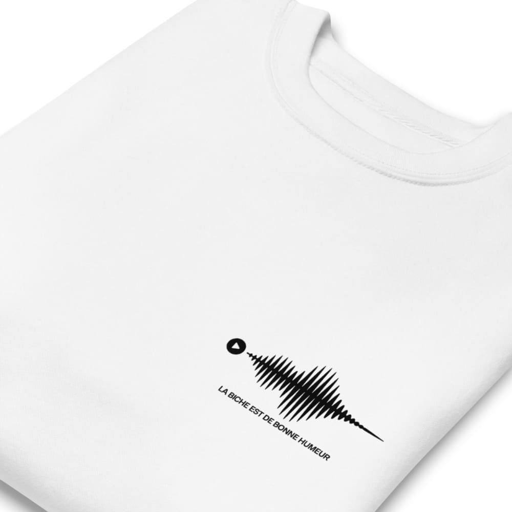 White t-shirt with a black sound wave design and text on a white background
